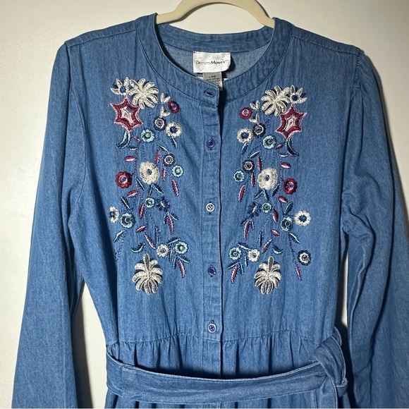 Vintage Denim Moves Midi Floral Embroidered Denim Dress with Belt Size Large - Picture 2 of 5